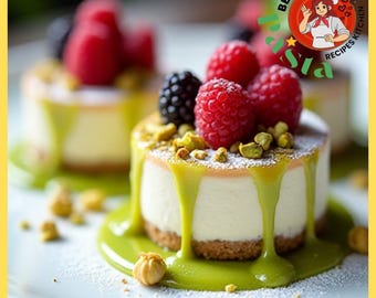 May include: A close-up of a mini cheesecake topped with fresh raspberries, blackberries, and chopped pistachios. The dessert is drizzled with a vibrant green sauce and dusted with powdered sugar. The image includes the text "Best Recipe Recipes Kitchen".