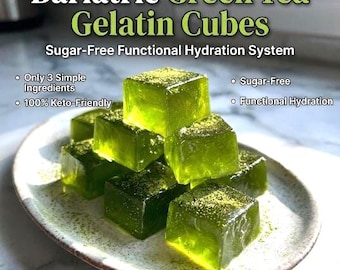 May include: A plate of green gelatin cubes, sprinkled with a fine powder. The image includes text that reads "Bariatric Green Tea Gelatin Cubes" and "Sugar-Free Functional Hydration System". Additional text highlights "Only 3 Simple Ingredients", "100% Keto-Friendly", "Sugar-Free", and "Functional Hydration".