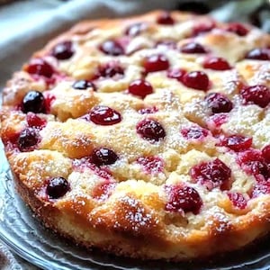 Puede incluir: Un pastel redondo y dorado, cubierto con cerezas rojas brillantes y espolvoreado con azúcar glas. El pastel se presenta en un plato de cristal transparente, resaltando la textura y el color del postre.