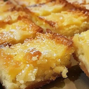 May include: Close-up of several square-cut lemon bars dusted with powdered sugar. The bars have a golden-brown, slightly crispy top layer and a bright yellow, moist filling. The dessert is arranged on a reflective surface.