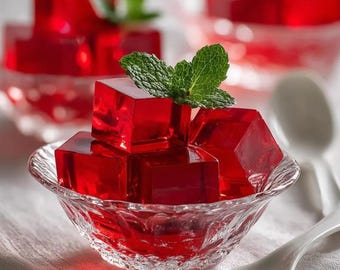 May include: A clear glass bowl filled with bright red gelatin cubes, garnished with a sprig of fresh mint. The cubes are stacked, and the bowl sits on a white surface. A white spoon is in the background.