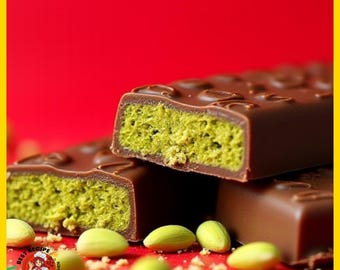 May include: Close-up of chocolate bars with a green filling, stacked on top of each other. The bars are surrounded by pistachios and crumbs, set against a red background. The chocolate coating is dark brown.
