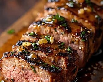 May include: Sliced, cooked steak on a wooden cutting board. The steak is glazed with a dark sauce and garnished with herbs and seeds. The meat is a medium-rare, with a pink interior.