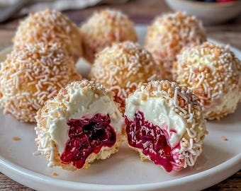 May include: A plate of desserts with a white filling and a red jam center, coated in sprinkles and nuts. One dessert is cut in half, revealing the filling. The desserts are arranged on a white plate, with a wooden background.
