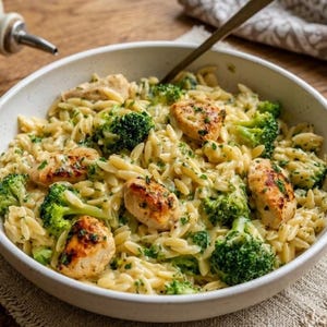 Recept på krämig kycklingorzo i en gryta i PDF-format | Kyckling-broccoliorzo | Enkel middag i en gryta | Komfortmåltid | Direkt nedladdning
