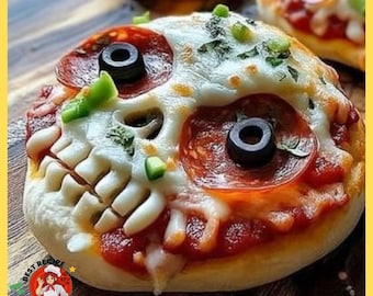 May include: A Halloween-themed mini pizza with a skull design. The pizza features pepperoni, black olive eyes, and a cheese skull face with green pepper accents. The crust is golden brown, and the pizza is topped with melted cheese and tomato sauce.