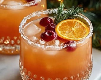 May include: Two cocktails in ornate glasses, garnished with cherries, orange slices, and sprigs of greenery. The rims are coated with a white substance, likely salt or sugar. The drinks are filled with ice and a light orange liquid.