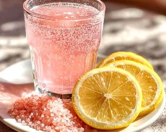 May include: A clear glass filled with a carbonated pink beverage, accompanied by a small pile of coarse pink salt crystals and two bright yellow lemon slices, all arranged together on a white plate under natural sunlight.