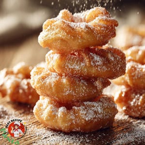 May include: A stack of four golden-brown, powdered sugar-dusted donuts. The donuts are stacked on top of each other, with a light dusting of powdered sugar falling from above. The image is a close-up shot of the donuts, with a blurred background.