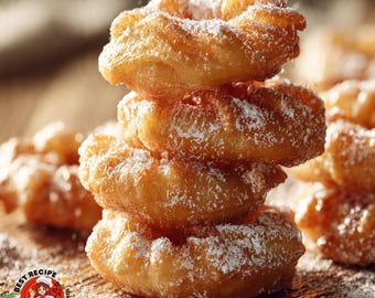 May include: A stack of four golden-brown, powdered sugar-dusted donuts. The donuts are stacked on top of each other, with a light dusting of powdered sugar falling from above. The image is a close-up shot of the donuts, with a blurred background.