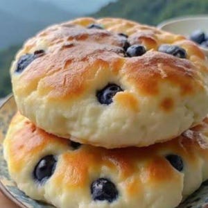 May include: Two round, golden-brown baked bread rolls stacked on top of each other. The surface of the bread is soft and pale yellow, featuring several dark blue, whole blueberries embedded into the dough. The crust shows light brown toasted spots.
