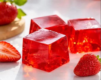May include: Close-up of three translucent red gelatin cubes with a glossy finish. Fresh strawberries, one whole and one sliced, are arranged around the cubes. The image is brightly lit, highlighting the vibrant red color of the gelatin and fruit.