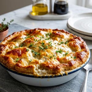 Può includere: Una torta appena sfornata con una crosta dorata e friabile, servita in un piatto bianco con bordo blu. La torta è guarnita con erbe fresche. Il piatto è su una superficie di marmo, con elementi di servizio sullo sfondo.