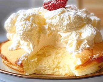 May include: A fluffy golden-brown pancake topped with a generous mound of white whipped cream and a single fresh red raspberry. The pancake is lightly dusted with powdered sugar and features a soft, airy texture with a visible interior crumb.