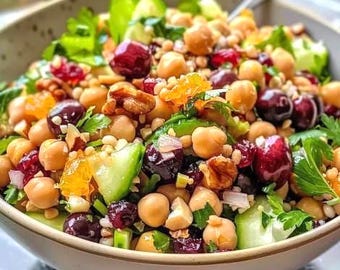 May include: A bowl of salad containing chickpeas, dark red cherries, chopped green cucumbers, walnuts, and fresh green parsley leaves. The mixture is tossed together in a light-colored, speckled ceramic bowl with a silver spoon visible at the top.