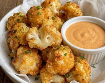 May include: A white bowl lined with parchment paper containing golden-brown breaded cauliflower florets garnished with green herbs. A small white ramekin filled with a creamy orange dipping sauce sits inside the bowl with the cauliflower.