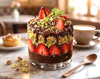 May include: A layered dessert in a clear glass, featuring strawberries, pistachio, and chocolate. The dessert is topped with fresh mint and sits on a marble table. A cup of coffee and a pastry are also present.