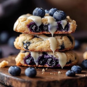 May include: A stack of three round blueberry cookies with a golden-brown baked texture, visible dark blue berries embedded throughout, and a thick white icing glaze drizzled over the top, with loose blueberries scattered around the base.