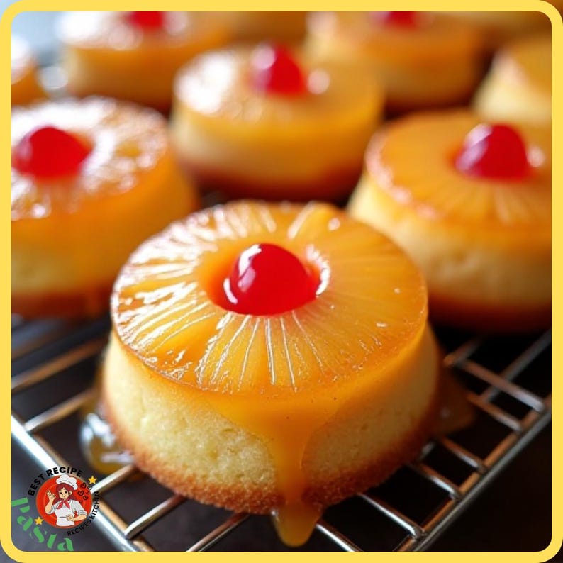 K&ouml;nnte beinhalten: Nahaufnahme mehrerer einzelner Ananas-Upside-Down-Kuchen. Jeder Kuchen hat einen gelben Schwammboden, der mit einem Ananasring und einer leuchtend roten Kirsche belegt ist. Die Kuchen stehen auf einem Metallk&uuml;hlrost.