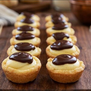 Könnte beinhalten: Nahaufnahme einer Holzoberfläche mit Reihen von Mini-Törtchen. Jedes Törtchen hat einen goldbraunen, gebackenen Boden, gefüllt mit einer cremigen, hellgelben Vanillecreme. Eine großzügige Schicht dunkler Schokolade bedeckt die Creme.