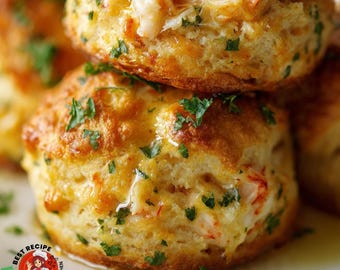 May include: Close-up of golden-brown biscuits, topped with crab meat and fresh parsley. The biscuits are stacked, showcasing their fluffy texture and savory filling. A delicious appetizer or side dish.