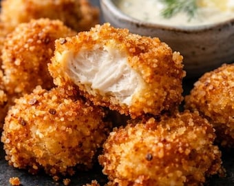 May include: Close-up of golden-brown, crispy fried food, possibly chicken nuggets or fish bites, with a visible, flaky interior. A small bowl of creamy white dipping sauce with a sprig of green herb is in the background. The food is on a dark surface.