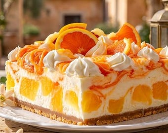 May include: A square cheesecake with orange slices and whipped cream topping. The cake has a graham cracker crust and is decorated with orange zest swirls. The dessert is on a white plate, with a blurred background.