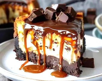 May include: A slice of layered cheesecake on a white plate. The dessert features a dark chocolate base, a creamy white filling, and a rich chocolate ganache topping with caramel drizzle. Dark chocolate chunks are placed on top.