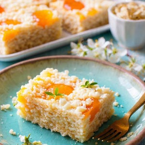 Könnte beinhalten: Ein Stück Aprikosen-Streuselkuchen auf einem türkisfarbenen Teller mit einer goldenen Gabel. Der Kuchen hat eine goldbraune Streuselhaube und ist mit frischen Aprikosenscheiben belegt. Weitere Kuchenstücke befinden sich auf einem weißen Tablett.
