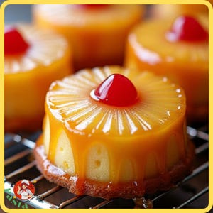 K&ouml;nnte beinhalten: Nahaufnahme mehrerer Mini-Ananas-Upside-Down-Kuchen. Jeder Kuchen hat eine Ananasscheibe mit einer roten Kirsche und ist mit einer gl&auml;nzenden Karamellsauce bedeckt. Die Kuchen stehen auf einem Metall-K&uuml;hlrost.