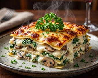 Ricetta PDF per lasagna cremosa con spinaci e funghi / Verdure al forno con salsa bianca / Cena facile per tutta la famiglia / Download immediato