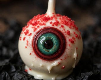 May include: A spherical cake pop shaped like a human eyeball with a white base, a central teal iris, and a black pupil. The surface features red veins and red sugar sprinkles around the top, with a white stick extending from the top center.