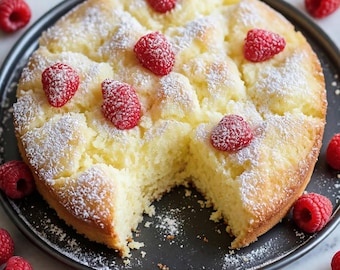 May include: A round golden-brown cake on a dark plate, topped with fresh red raspberries and a dusting of white powdered sugar. A single wedge has been removed from the cake, revealing a light, airy crumb texture inside the baked dessert.