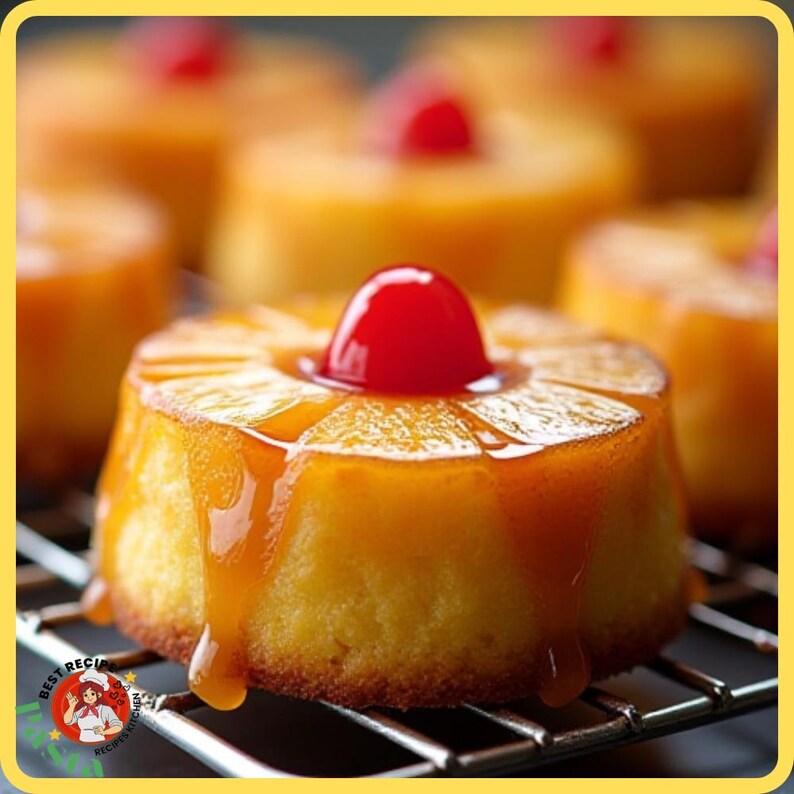 K&ouml;nnte beinhalten: Nahaufnahme von einzelnen Ananas-Upside-Down-Kuchen auf einem Drahtgestell. Jeder Kuchen ist mit einer leuchtend roten Maraschinokirsche belegt und mit einer goldenen Karamellsauce betr&auml;ufelt. Die Kuchen haben eine gelbe Biskuitbasis und einen karamellisierten Ananasring.