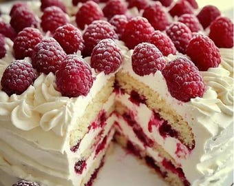 May include: A square cake with white frosting and fresh raspberries. The cake has multiple layers with raspberry filling and is decorated with whipped cream swirls and whole raspberries on top.
