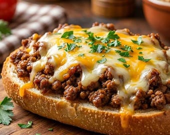 May include: A close-up of a toasted bread slice topped with ground meat, melted cheese, and fresh parsley. The bread is golden brown, and the cheese is a mix of yellow and white. The dish is on a wooden cutting board.