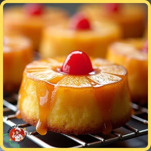 K&ouml;nnte beinhalten: Nahaufnahme von einzelnen Ananas-Upside-Down-Kuchen auf einem Drahtgestell. Jeder Kuchen ist mit einer leuchtend roten Maraschinokirsche belegt und mit einer goldenen Karamellsauce betr&auml;ufelt. Die Kuchen haben eine gelbe Biskuitbasis und einen karamellisierten Ananasring.