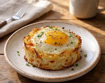May include: A plate with a baked egg dish. The dish features a fried egg with a bright yellow yolk, sprinkled with black pepper and green chives, atop a potato and vegetable base. A coffee mug and fork are in the background.