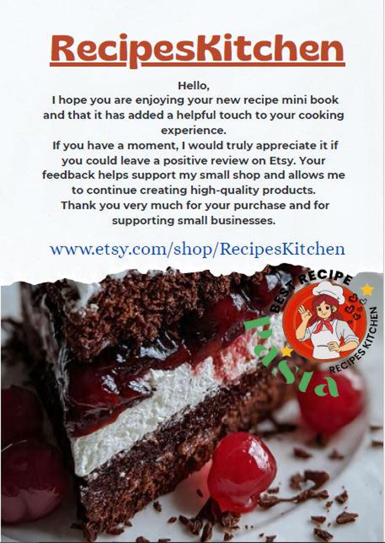 May include: A slice of Black Forest cake with layers of chocolate cake, whipped cream, and cherries. The image includes the text "RecipesKitchen" and a logo with a chef. The cake is on a white plate.
