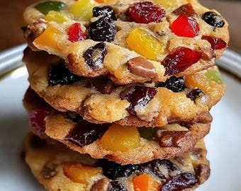 May include: A stack of four fruitcake cookies on a white plate. The cookies are golden brown and studded with colorful candied fruits, including red, yellow, green, and orange pieces, along with dark raisins and chocolate chips. The cookies are stacked on top of each other.