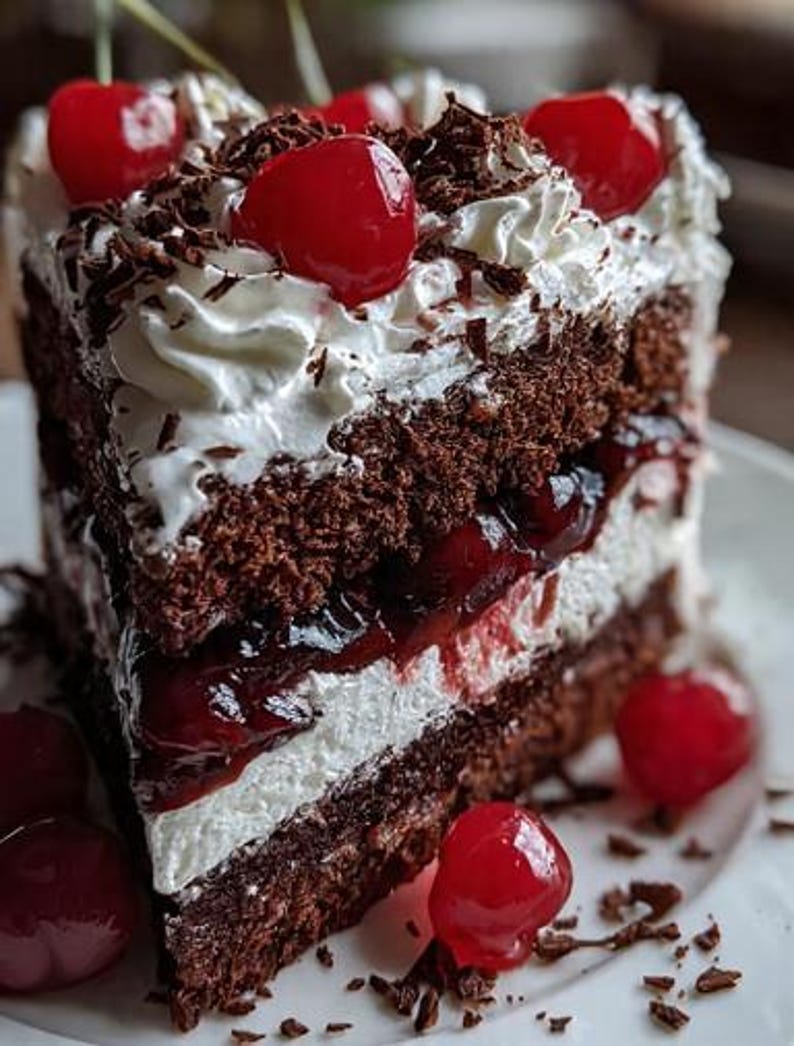 May include: A slice of Black Forest cake with layers of chocolate cake, whipped cream, and cherries. The cake is topped with more whipped cream, chocolate shavings, and bright red cherries. The dessert is on a white plate.