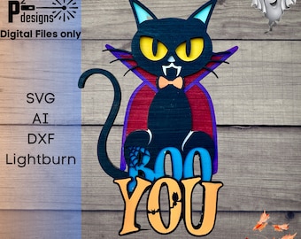 Cat Boo you Door Hanger Porch sign Halloween laser cut file Multilayered SVG Scary sign Laser ready file Glowforge