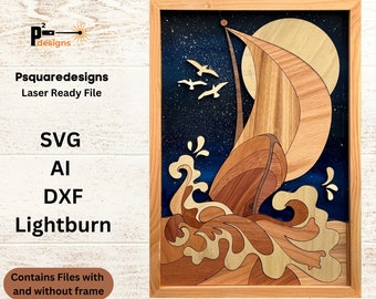 Olas de mar de velero, Mar de noche, Archivo listo para láser, SVG de corte láser de intarsia, Archivo láser de mar, Cielo nocturno, SVG, Archivo de corte láser, Estilo edredón