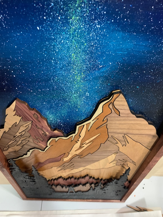 Mountain Landscape Night Quilt Laser Ready File, Mountain Wood