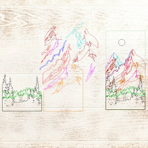Puede incluir: Una ilustraci&oacute;n digital de una cordillera con un esquema de color azul, rosa, naranja y rojo. Las monta&ntilde;as est&aacute;n delineadas en negro y el fondo es una veta de madera clara.