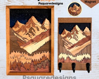 Quilt Pattern montañas y árboles, Archivo listo para láser de montañas y árboles, Archivo listo para láser, Glowforge, Llavero, Imán de nevera, Paquete de archivos
