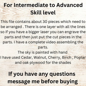 Puede incluir: Una descarga digital de un patr&oacute;n de pirograbado para una escena de cielo. El patr&oacute;n es para niveles intermedios a avanzados e incluye 30 piezas. El texto dice "Este archivo contiene alrededor de 30 piezas que necesitan ser arregladas. Hay una capa con todas las l&iacute;neas, as&iacute; que si tienes un l&aacute;ser m&aacute;s grande puedes grabar las piezas y luego simplemente poner las piezas cortadas en las piezas. Tengo un video completo que ensambla las piezas. El cielo est&aacute; pintado a mano. He usado cedro, nogal, cerezo, abedul, &aacute;lamo y madera contrachapada de roble para las sombras. Si tienes alguna pregunta, cont&aacute;ctame antes de comprar."
