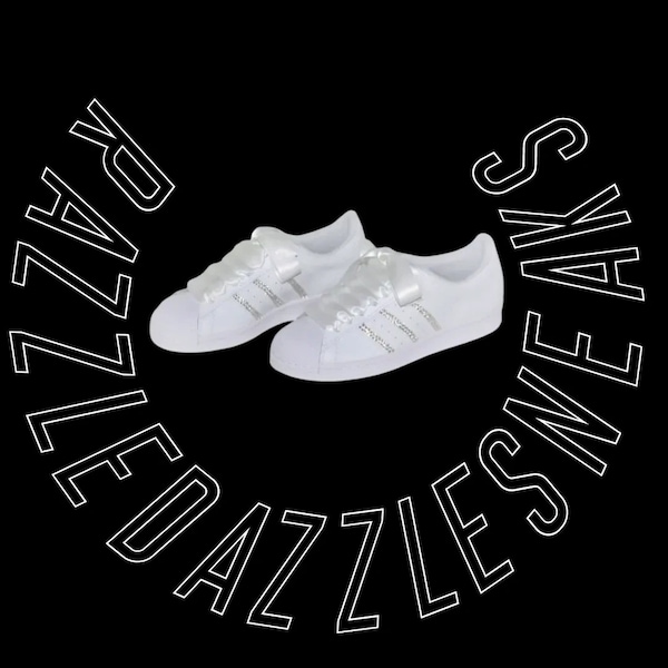 Customised Adidas Superstar trainers Women's and Kids • White and Black • Clear, Pink and Blue Crystals • Satin or normal laces all colours