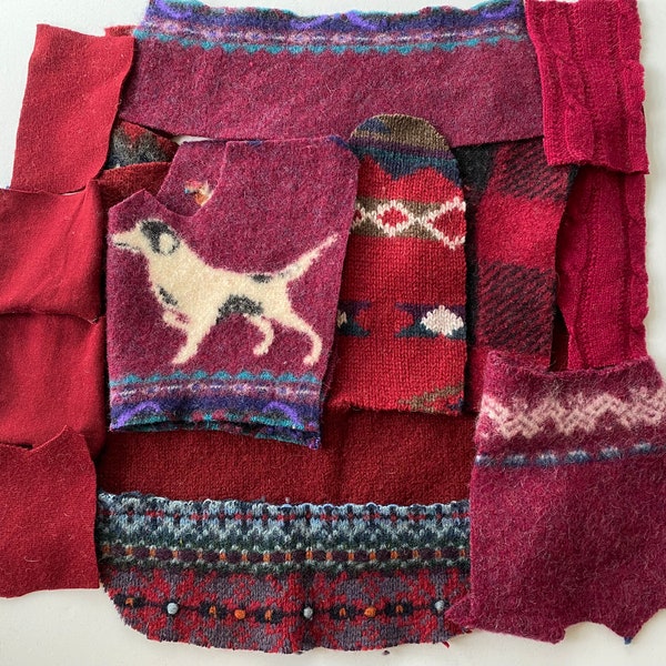 Felted Burgundy Wool Sweater Scraps, 15 oz wool pieces, Wool Appliqué scraps, recycled wool, repurposed wool, Destash, craft supplies - R5