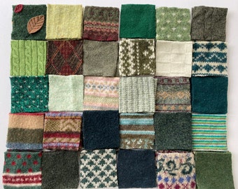 Morceaux de pull en laine, 60 carrés de 3 pouces coordonnés, vert, fournitures pour travaux manuels, paquet de laine, penny rugs, fabrication de poupées, patchwork